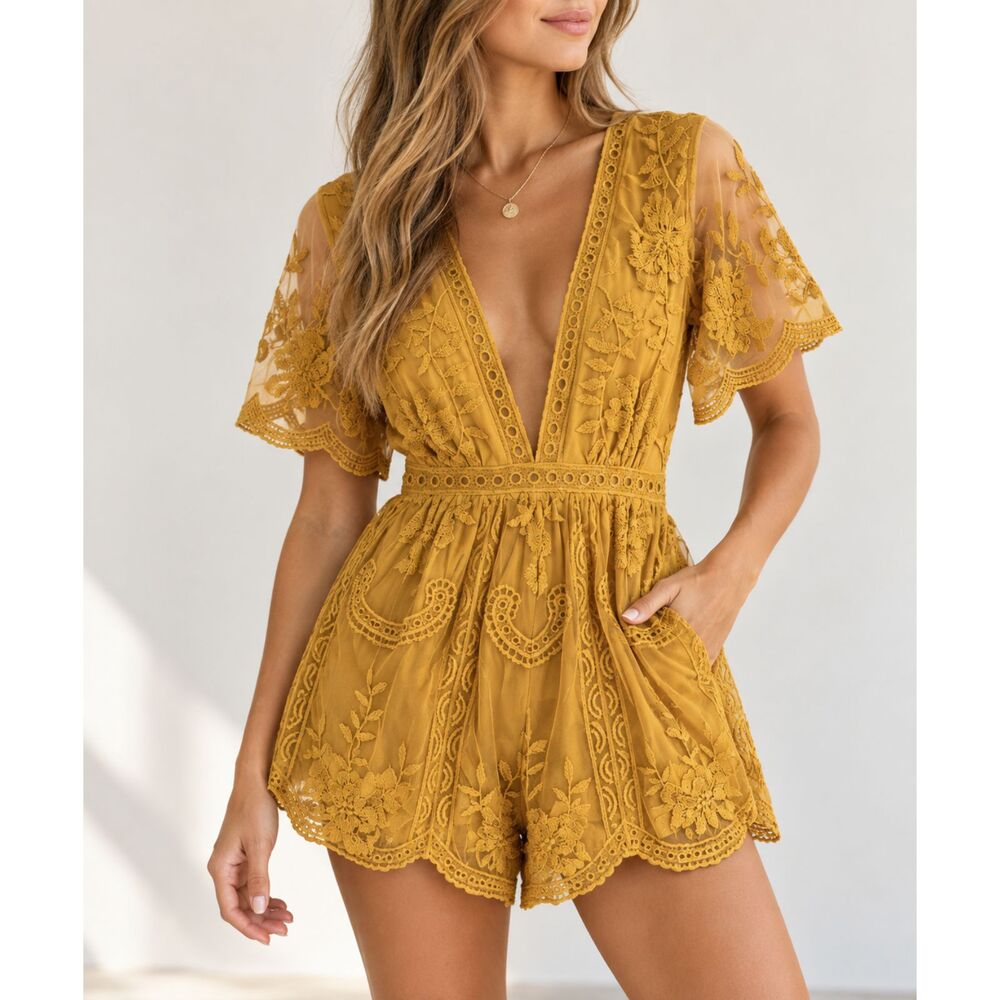 She + Sky Mustard Yellow Lace Embroidered Romper Women’s Size M Boho Festival
